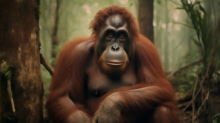 Fototapeta premium Orangutan is sad and begging not to deforest their home and trees. Generative AI