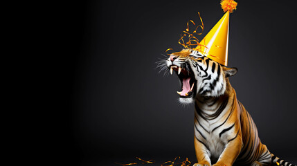 tiger with a party hat celebrating. isolated colorful background. Empty copy space for text. Generative AI.