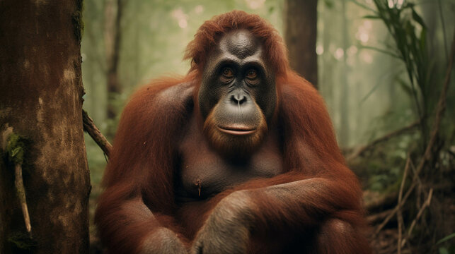 Orangutan is sad and begging not to deforest their home and trees. Generative AI