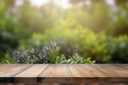 Image of wooden table in front of abstract blurred background made of plants. Generative AI
