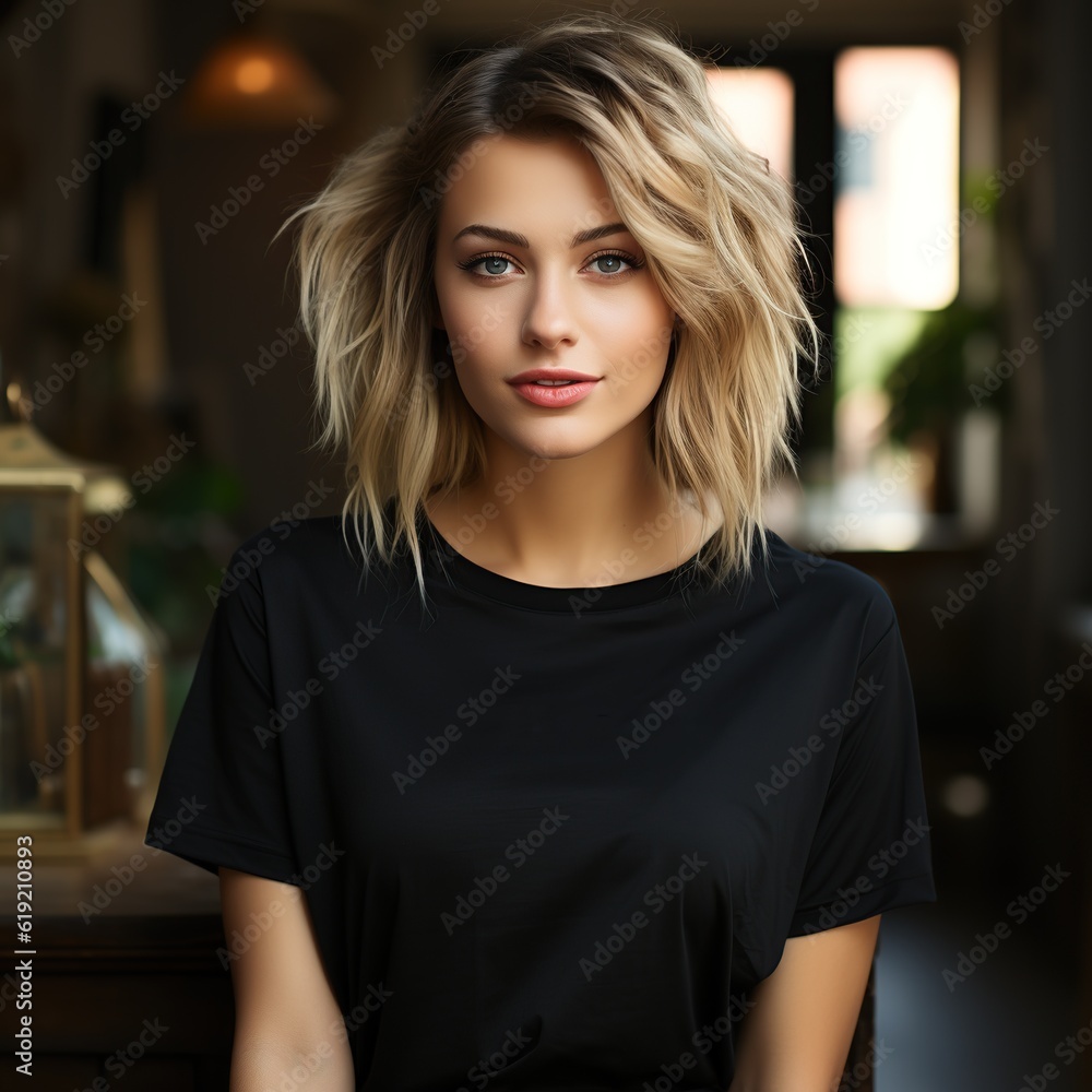 Poster Illustration of a fashion portrait with plain t-shirt mockup ,  AI Generated