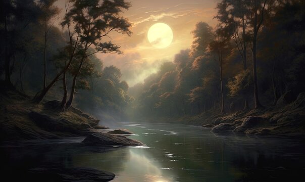 a painting of a river in a forest with a sun setting.  generative ai
