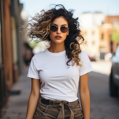 Illustration of a fashion portrait with plain t-shirt mockup ,  AI Generated