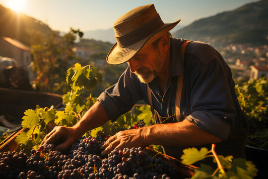 Old farmer harvest fresh organic grapes produce at a local farm, Generative Ai