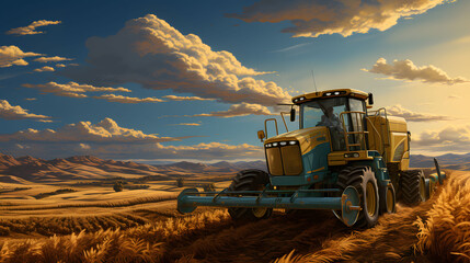 Fototapeta premium Illustration of agricultural tractor working in the field, Generative Ai. 