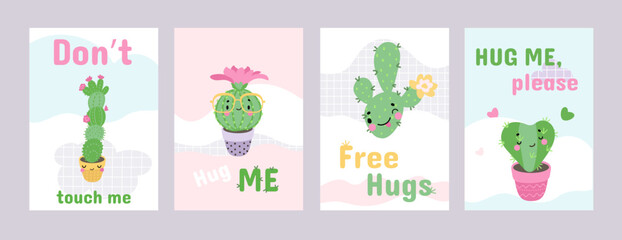 Hug me cards. Free hugs, sweet cactus characters love printable posters. Funny cacti covers design, cartoon plants and text, nowaday vector banners