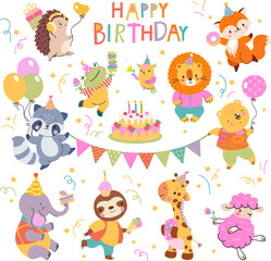 Fototapeta na wymiar Birthday party animals. Woodland animal with cake and balloons. Cute wild animal for children festive decorations. Funny adorable nowaday vector clipart