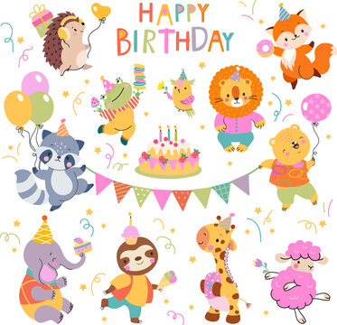 Birthday party animals. Woodland animal with cake and balloons. Cute wild animal for children festive decorations. Funny adorable nowaday vector clipart