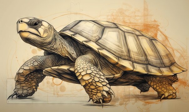  a drawing of a turtle on a white background with a brown background.  generative ai
