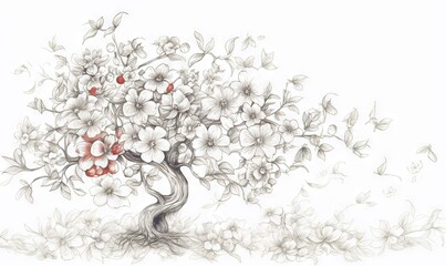  a drawing of a tree with white flowers and red leaves.  generative ai