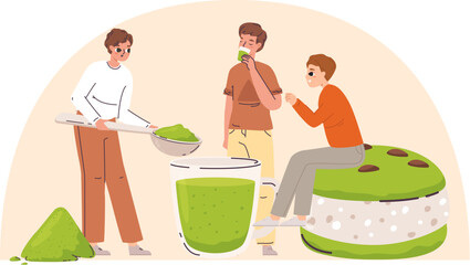 Boys doing matcha tea and desserts. Teenagers modern party, healthy lifestyle guys. Young adults drinking and eating, cartoon vector scene