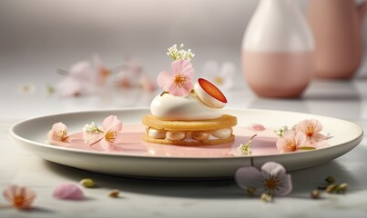 Obraz na płótnie Canvas a plate with a dessert on it with flowers around it. generative ai