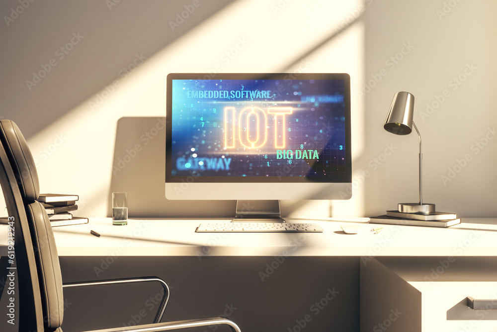 Aufkleber Creative IOT illustration on modern computer monitor, future technology concept. 3D Rendering