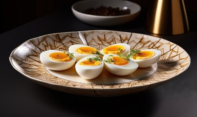  a plate of hard boiled eggs with a garnish of herbs.  generative ai