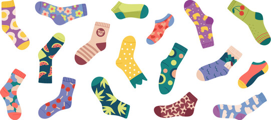 Creative stylish socks, child sock design. Cotton and wool winter accessories, fashion adults and children foot apparel decent vector clipart