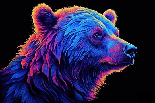 A Colorful bear painting on a black background. Created with generative AI.