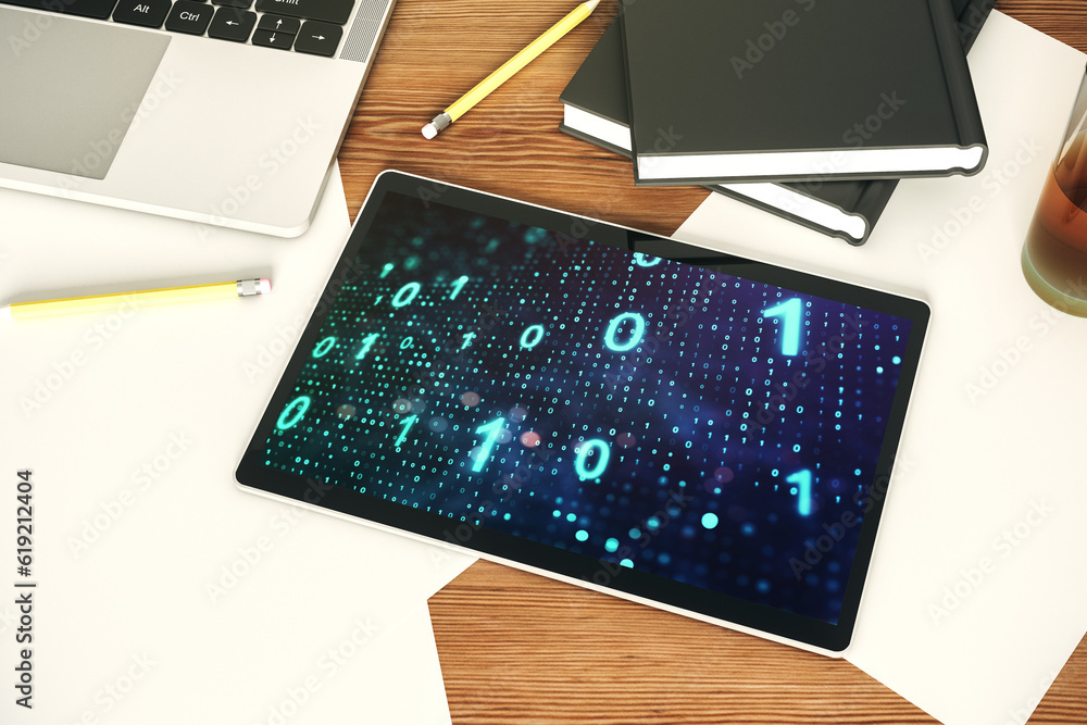 Leinwandbilder creative abstract binary code sketch on modern digital tablet screen, hacking and matrix concept. to