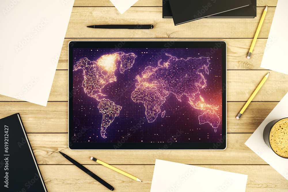 Poster Abstract creative world map on modern digital tablet monitor, tourism and traveling concept. Top view. 3D Rendering