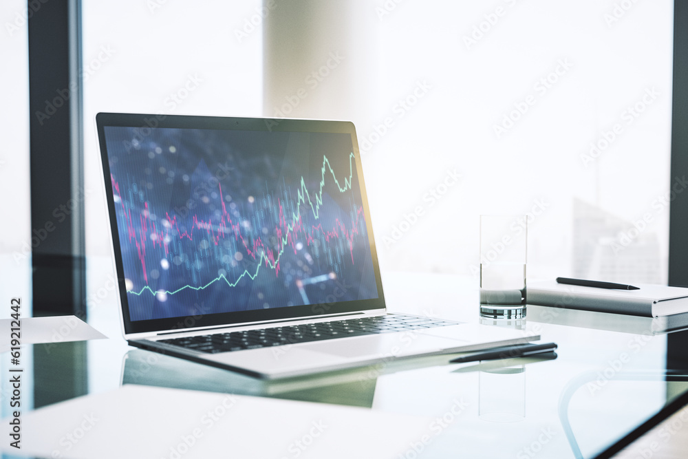 Poster modern computer monitor with abstract creative financial chart, research and strategy concept. 3d re