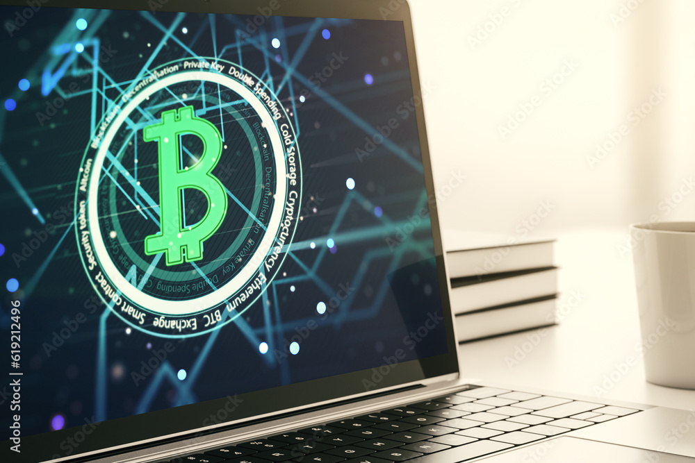 Poster creative bitcoin concept on modern computer monitor. 3d rendering