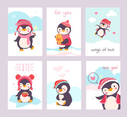Obraz na płótnie Canvas Winter greeting printable cards with cute cartoon penguins. Children funny penguin characters, decorative nowaday vector covers templates