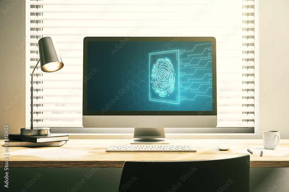 Aufkleber abstract creative fingerprint hologram on modern computer monitor, protection of personal informatio