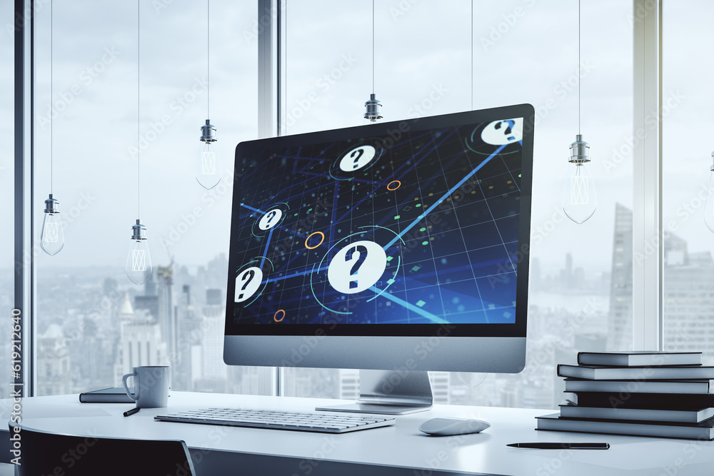 Aufkleber creative abstract question mark hologram on modern computer monitor, future technology concept. 3d r