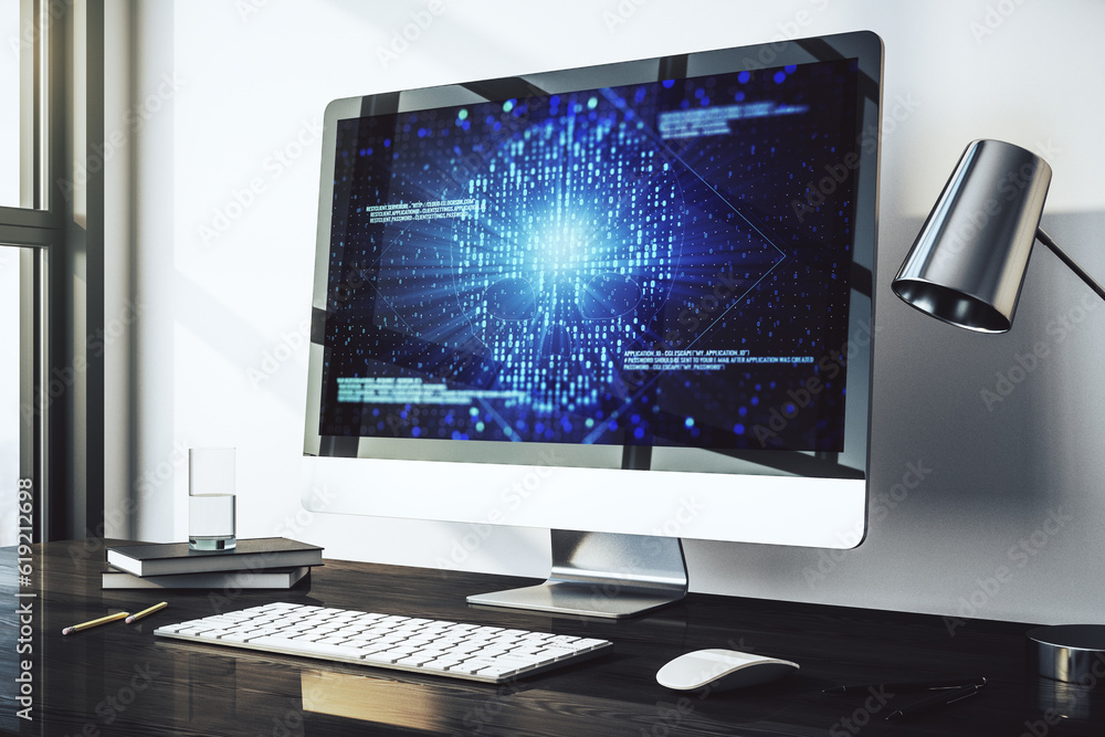 Poster Creative concept of code skull illustration on modern laptop screen. Hacking and phishing concept. 3D Rendering