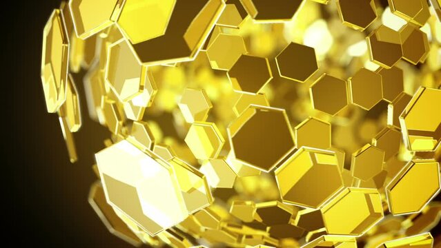 Golden globe background with hexagon glass rotating on gold background