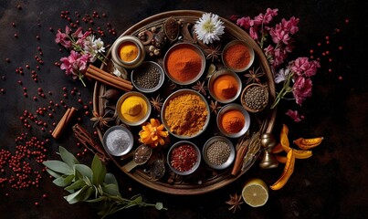  a plate of spices and spices on a table with flowers.  generative ai