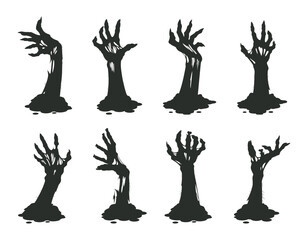 Cartoon zombie bony arms. Halloween creepy hands sticking out of ground, zombie scrawny arm silhouettes flat vector illustration set. Living dead monsters limbs
