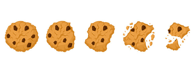 Fototapeta premium Cookies eating process. Cartoon bitten chocolate chip crunchy biscuits, cookie crumbs flat vector illustration set. Sweet crumbled cookies