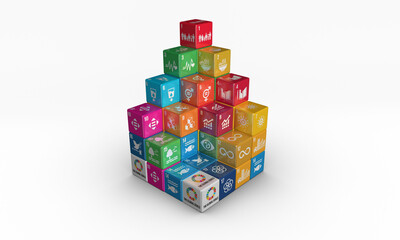 Pyramid of colorful blocks on white background. Sustainable Development global goals. High-quality Illustration. 3D rendering. Kids Educational content.