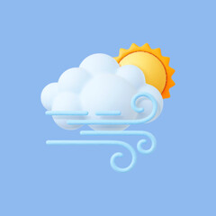 Wind weather 3d icon. Realistic cloud on blue, windy day symbol. Autumn, winter, summer or spring vector render element