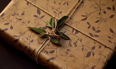  a wrapped gift with a green leaf on it's wrapper.  generative ai