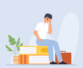 Tired student sitting on book pile. Exams, work and study. Hard life rhythm, cartoon boy frustrated. Modern lifestyle, vector scene