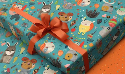 Fototapeta na wymiar a wrapped gift box with a red ribbon on an orange background. generative ai