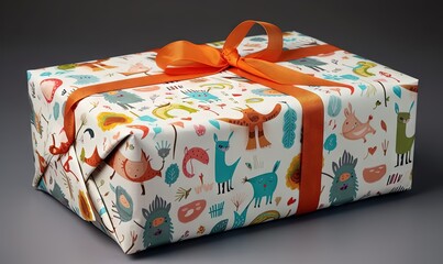  a present wrapped in a colorful wrapping paper with an orange ribbon.  generative ai