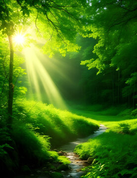 Sunlight passing through the forest with river stream. AI generated 