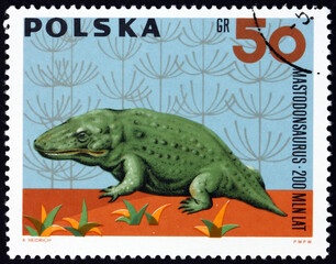 Postage stamp Poland 1966 mastodonsaurus, prehistoric animal