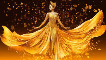 Gold fashion model dress. Woman in golden silk gown flowing fabric