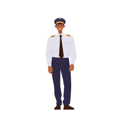 Man pilot in uniform, aviator profession, airplane staff cartoon character against isolated on white