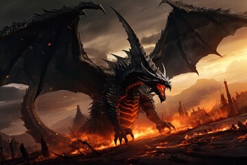 black obsidian dragon on a battlefield engulfed in flames, strong, powerful, mysterious creature, Generative AI