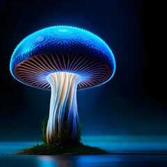 A captivating image of a mushroom illuminated by bioluminescence and neon lighting, showcasing its enchanting glow in a mesmerizing composition