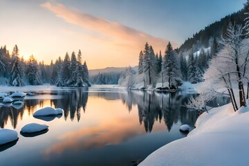 Fototapeta na wymiar Winter sunrise and lake view - Generative AI