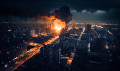 Fototapeta na wymiar Terrible explosion in the metropolis at night. Enormous cloud of smoke and fire rises in the air. War concept. Missile attack on a peaceful city. Generative AI.