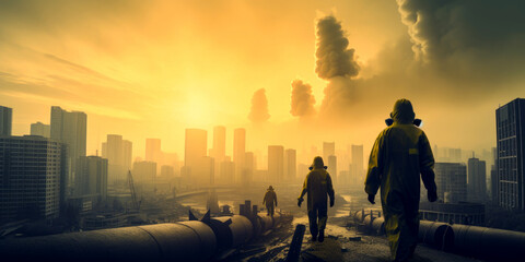 People wearing yellow radiation protective suits and masks walk along the ruined city. Clouds from explosions in the sky. Nuclear war concept. Generative AI.