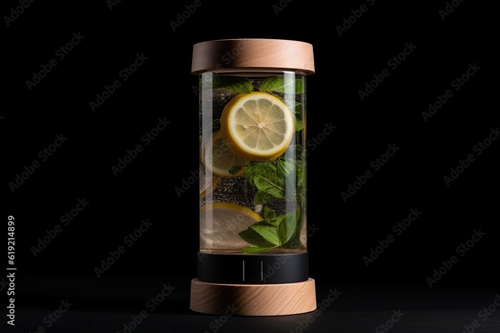 Poster refreshing drink with lemon slices and mint leaves. generative ai