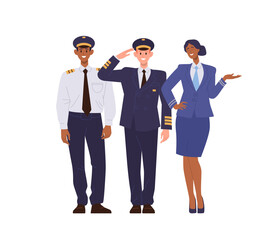 Passenger plane crew character, pilot commander, flight attendant and steward airliner crew - obrazy, fototapety, plakaty
