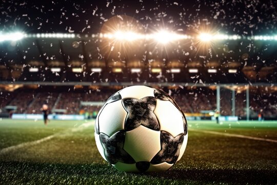 Soccer ball on a stadium with lights. Created with generative AI.